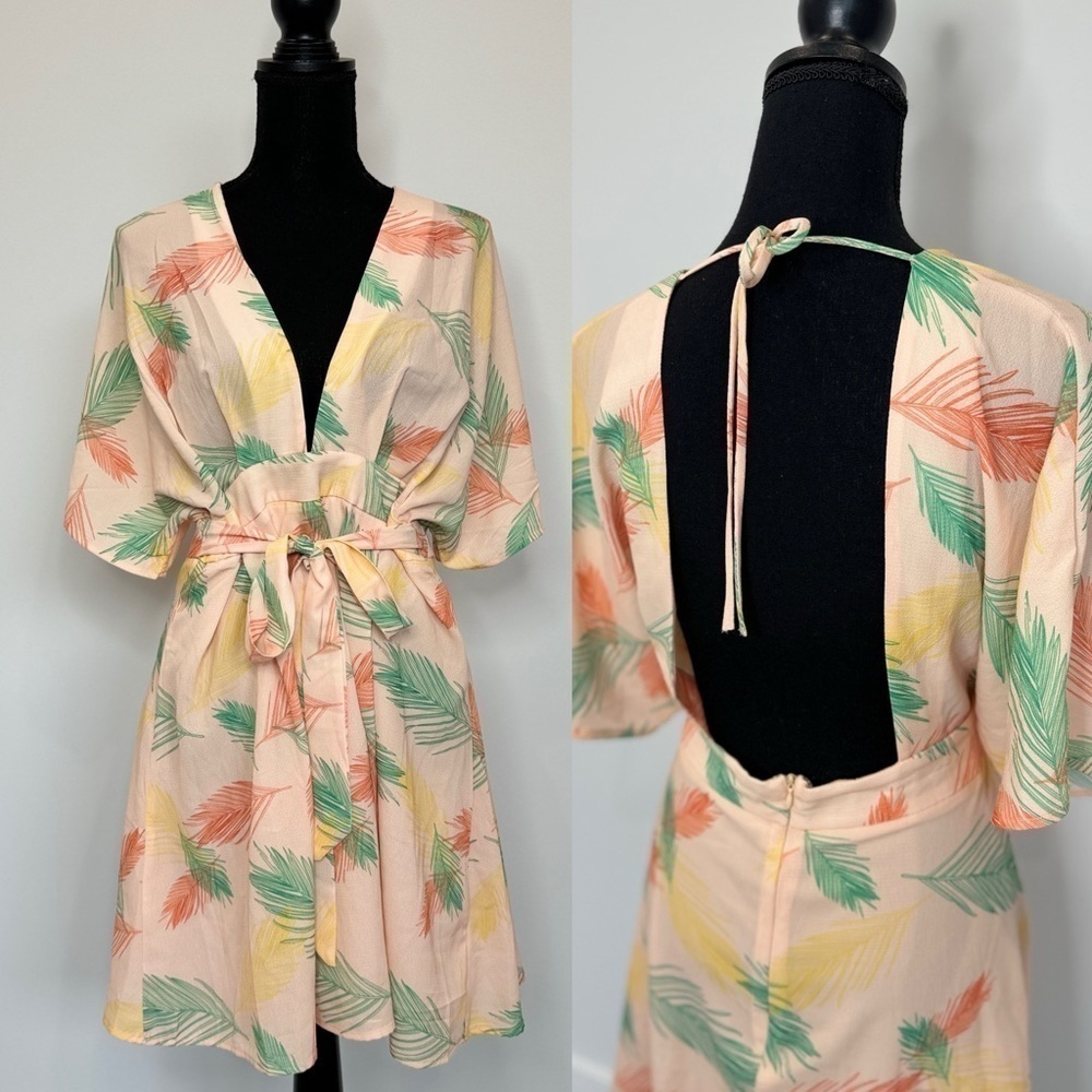 Deep V Neck Multi Color Leaves Belted Open Back Mini Dress In Peach (XL)